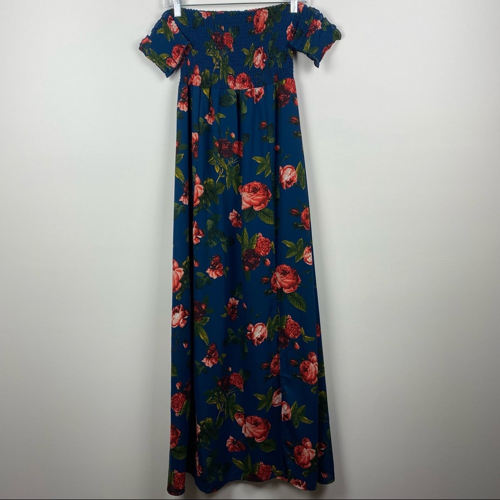 ALTAR'D STATE Blue Teal Floral Smocked Cold Shoulder Maxi Dress Slits Small S